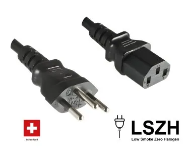 Power cord Switzerland LSZH type J (partly insulated) to C13, 1mm², approval: SEV, black, length 2.00m