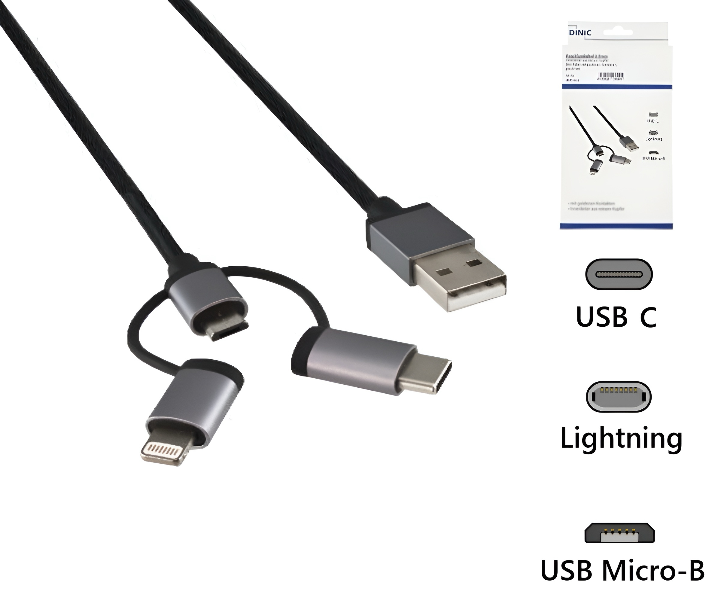 DINIC Kabel Shop - USB 3 in1 Premium Daten-/Ladekabel, 1m USB A