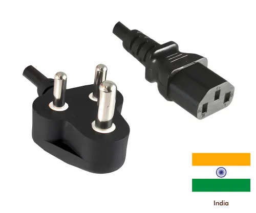 Netzkabel Indien Typ D auf C13, 1mm², 5m IND 3pin Typ D/IEC 60320-C13, BIS, schwarz