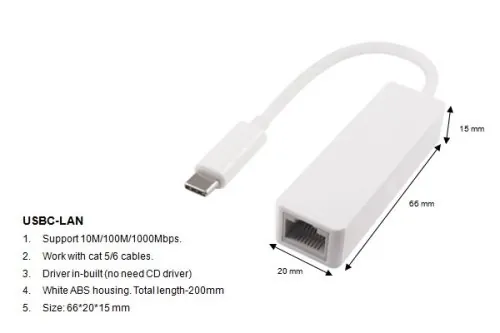 DINIC Adapter USB C Stecker / RJ45 Gbit LAN, weiß, PB 10/100/1000 Mbps mit Auto-Erkennung, 0,2m