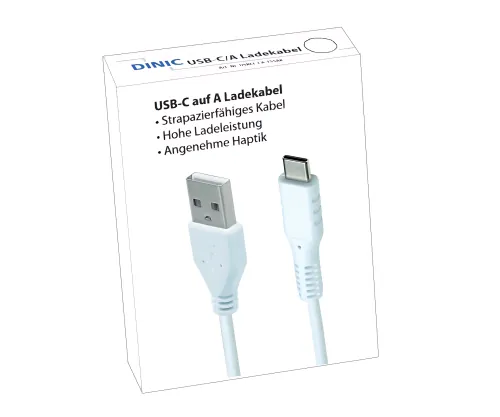 DINIC USB Typ C auf A Ladekabel, weiß, 1.5m USB Typ C auf A Stecker, 5V, 3A, Aktionskarton